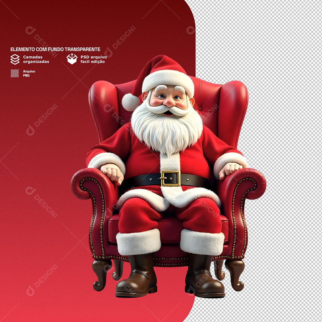 Papai Noel Feliz Sentado em Poltrona Elemento 3D para Composição PSD