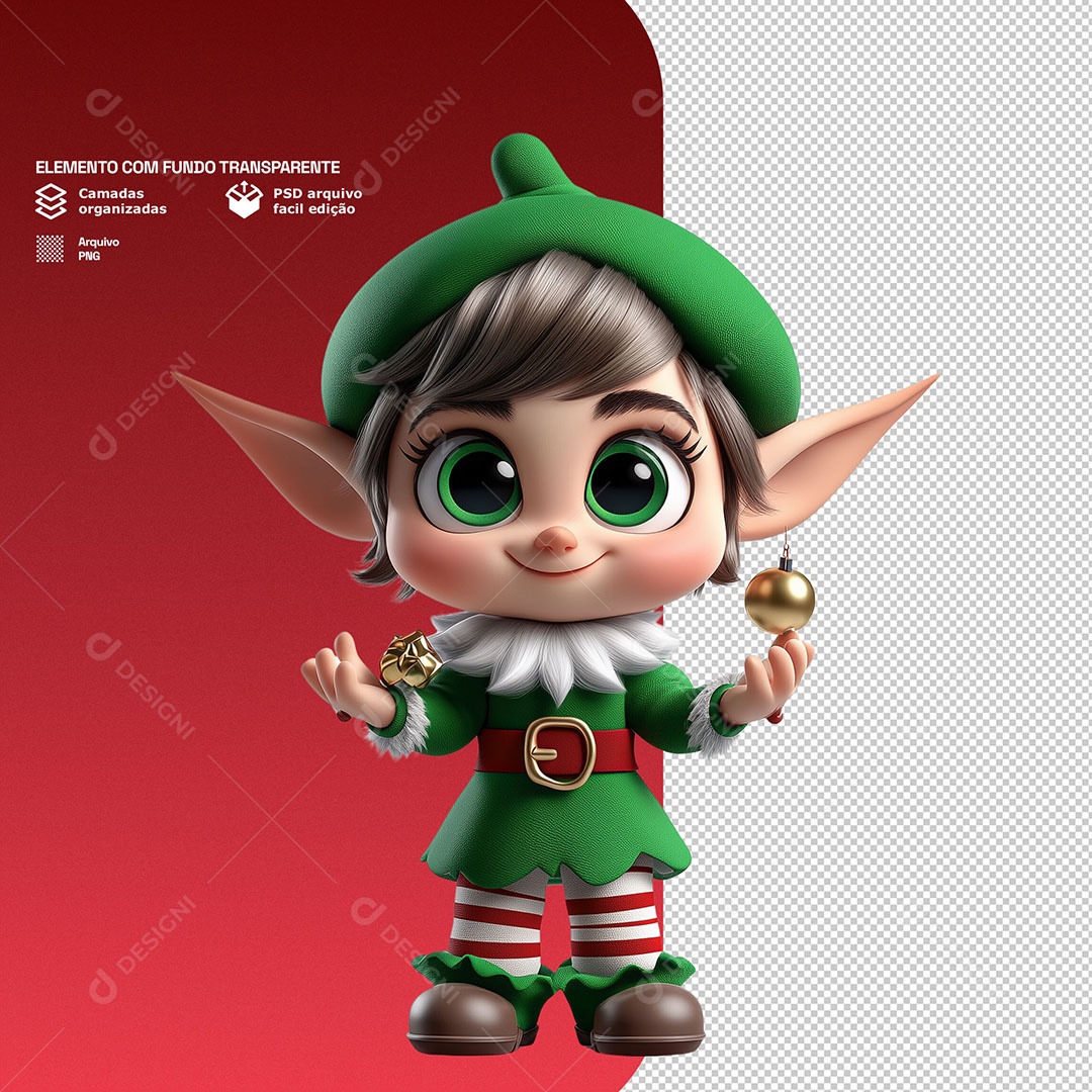 Personagem 3D Duende de Natal Feliz para Composição PSD