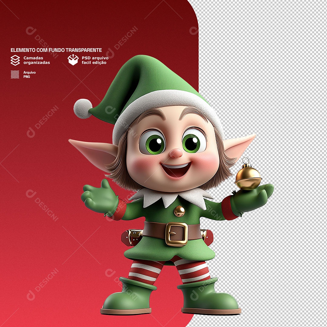 Personagem 3D Duende de Natal Feliz para Composição PSD