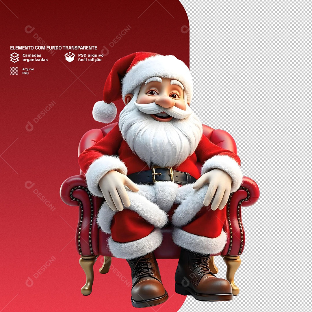 Papai Noel Feliz Sentado Elemento 3D para Composição PSD