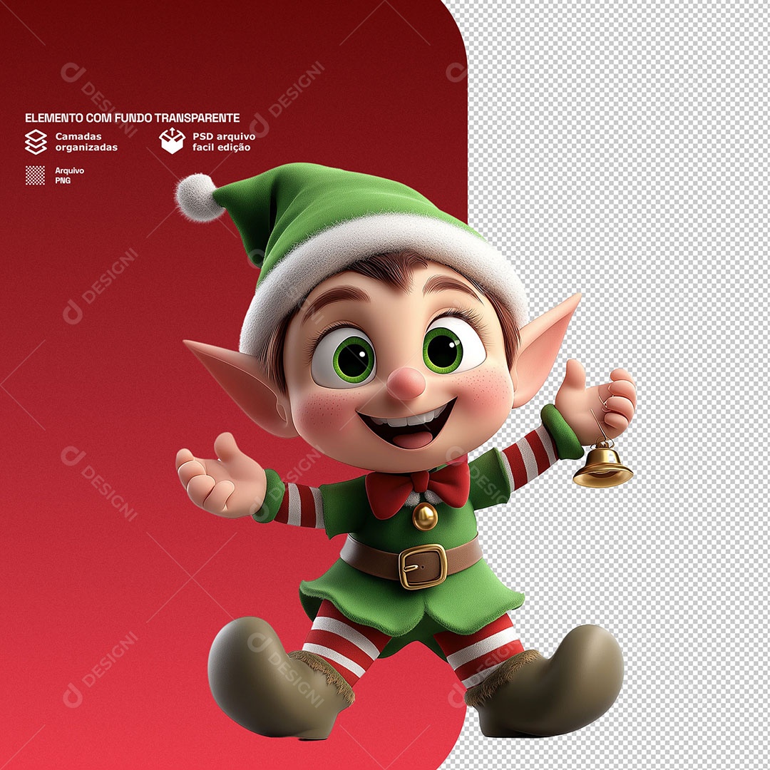 Personagem 3D Duende de Natal Feliz para Composição PSD