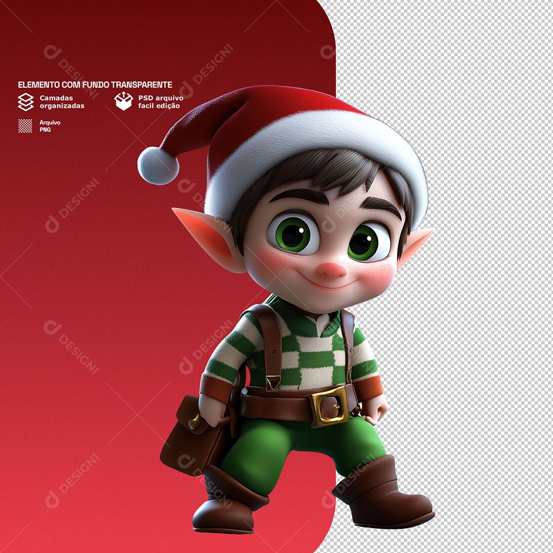 Personagem 3D Duende de Natal Feliz para Composição PSD