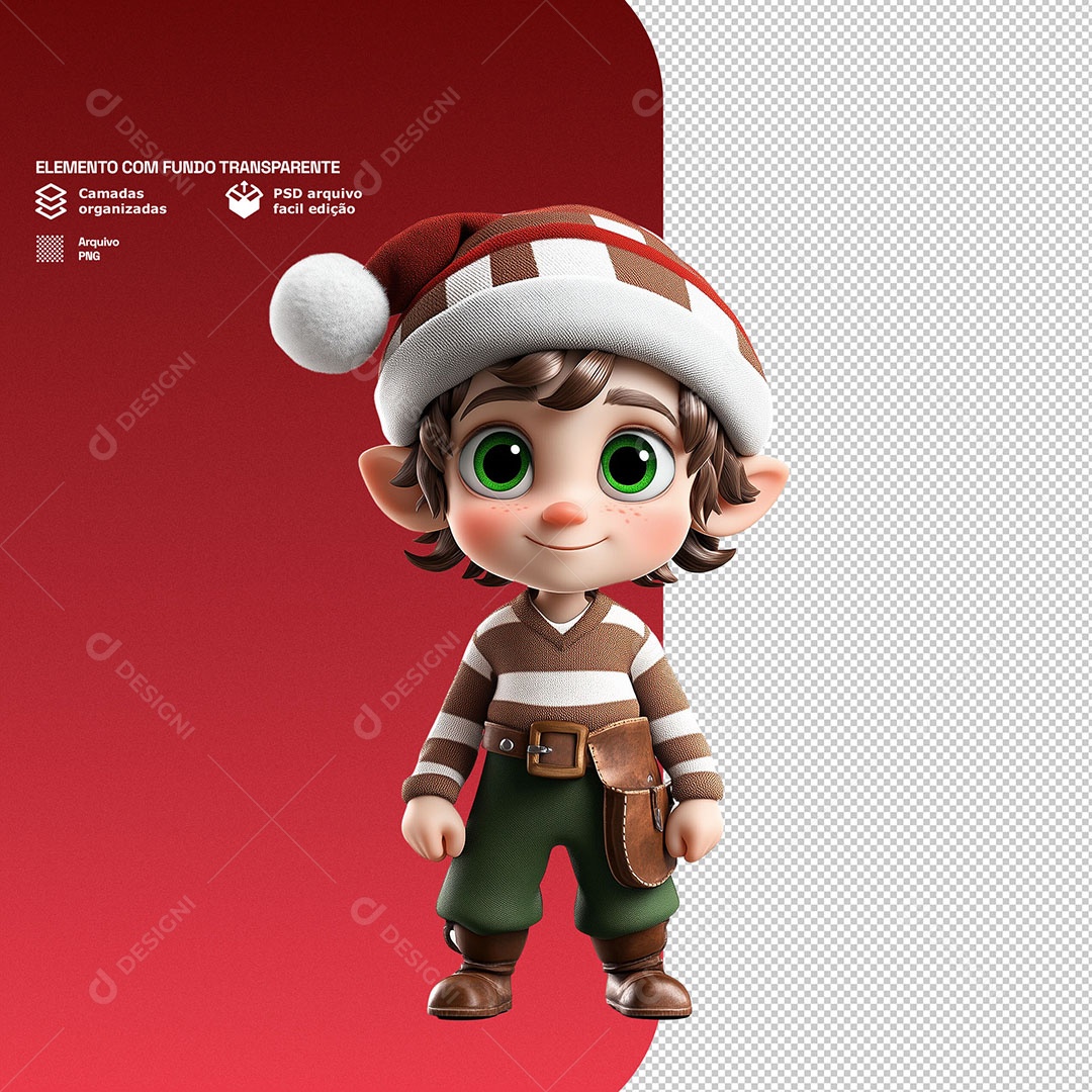 Personagem 3D Duende de Natal Feliz para Composição PSD