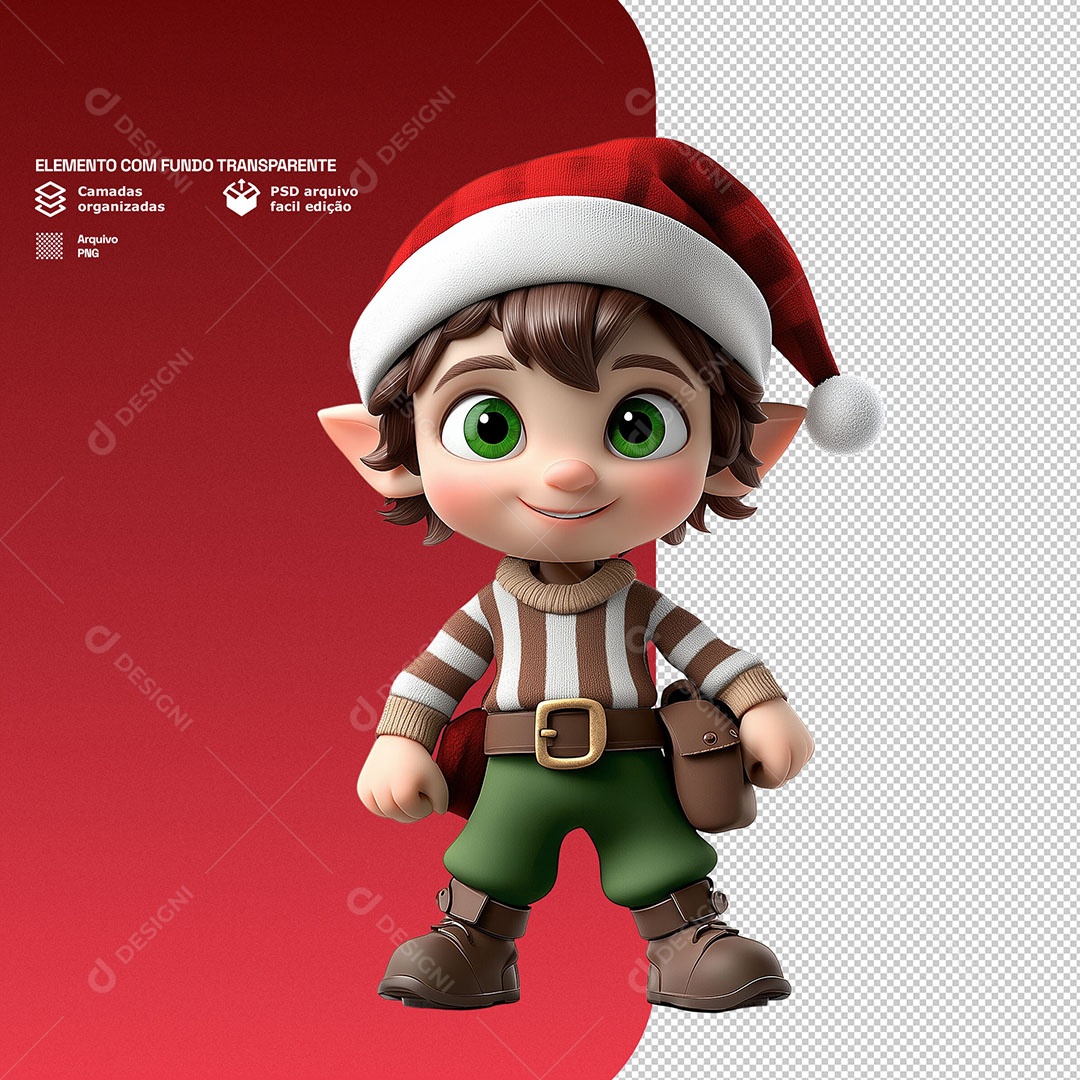 Personagem 3D Duende de Natal Feliz para Composição PSD