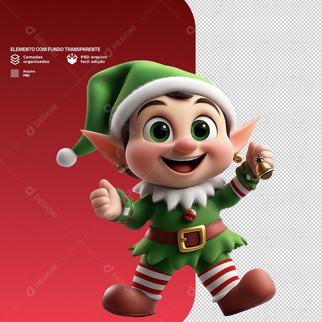 Personagem 3D Duende de Natal Feliz para Composição PSD