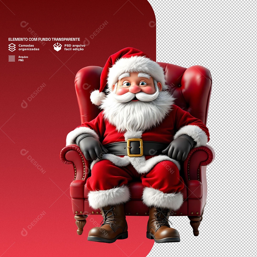 Papai Noel Feliz Sentado Elemento 3D para Composição PSD
