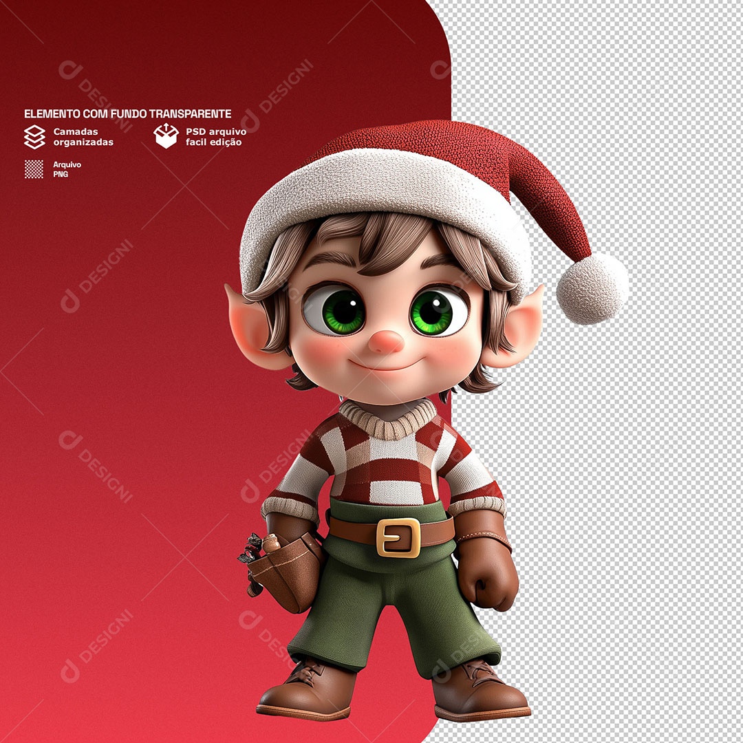 Personagem 3D Duende de Natal Feliz para Composição PSD