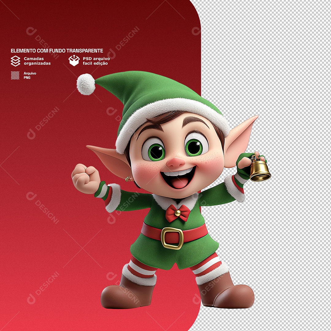 Personagem 3D Duende de Natal Feliz para Composição PSD