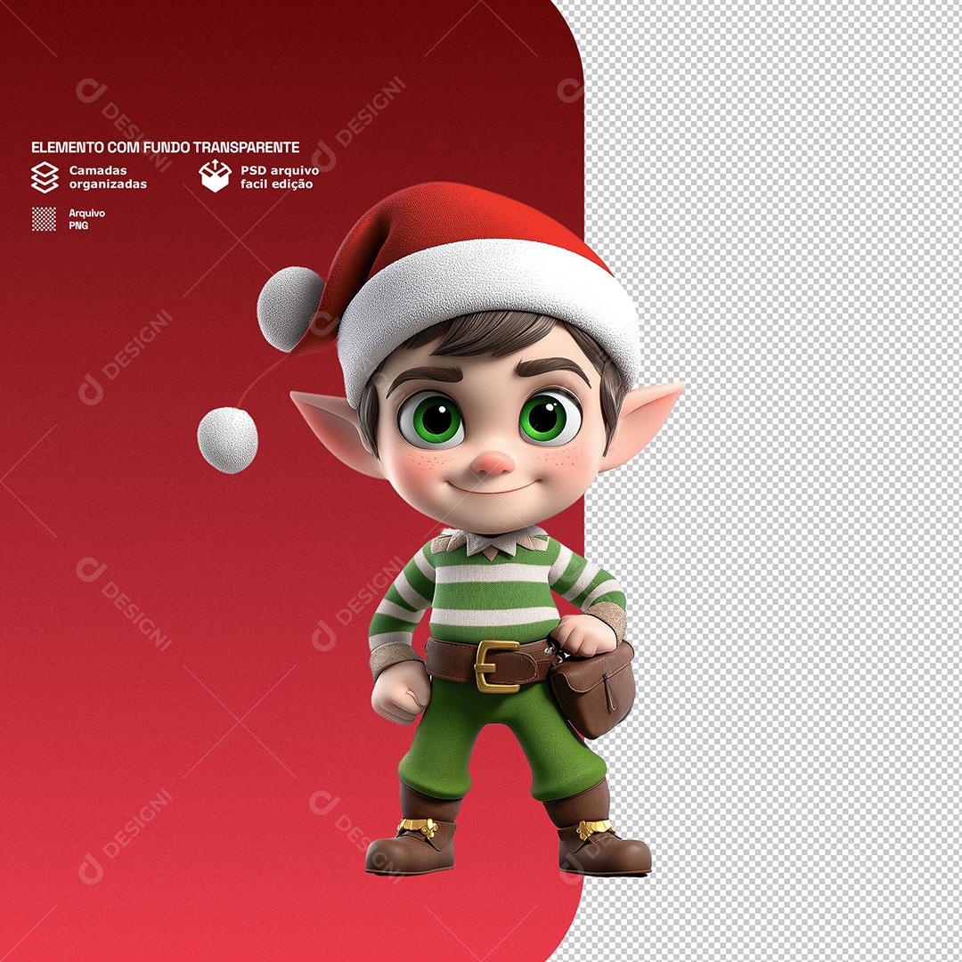 Personagem 3D Duende de Natal Feliz para Composição PSD
