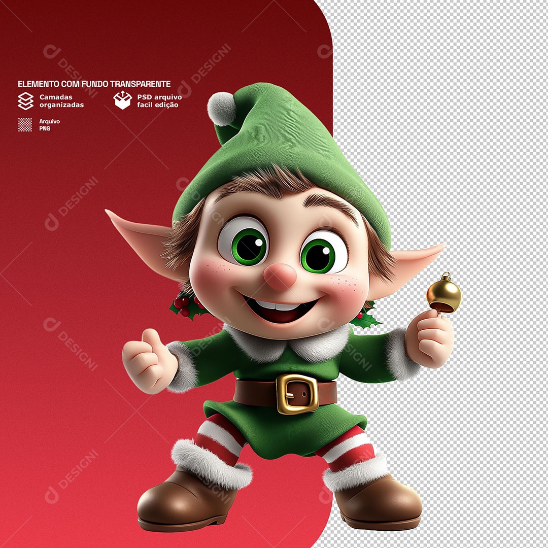 Personagem 3D Duende de Natal Feliz para Composição PSD