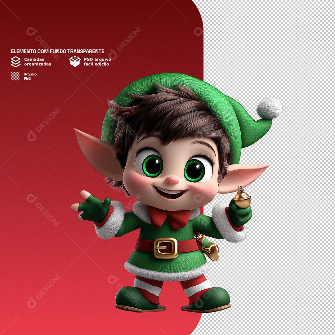 Personagem 3D Duende de Natal Feliz para Composição PSD