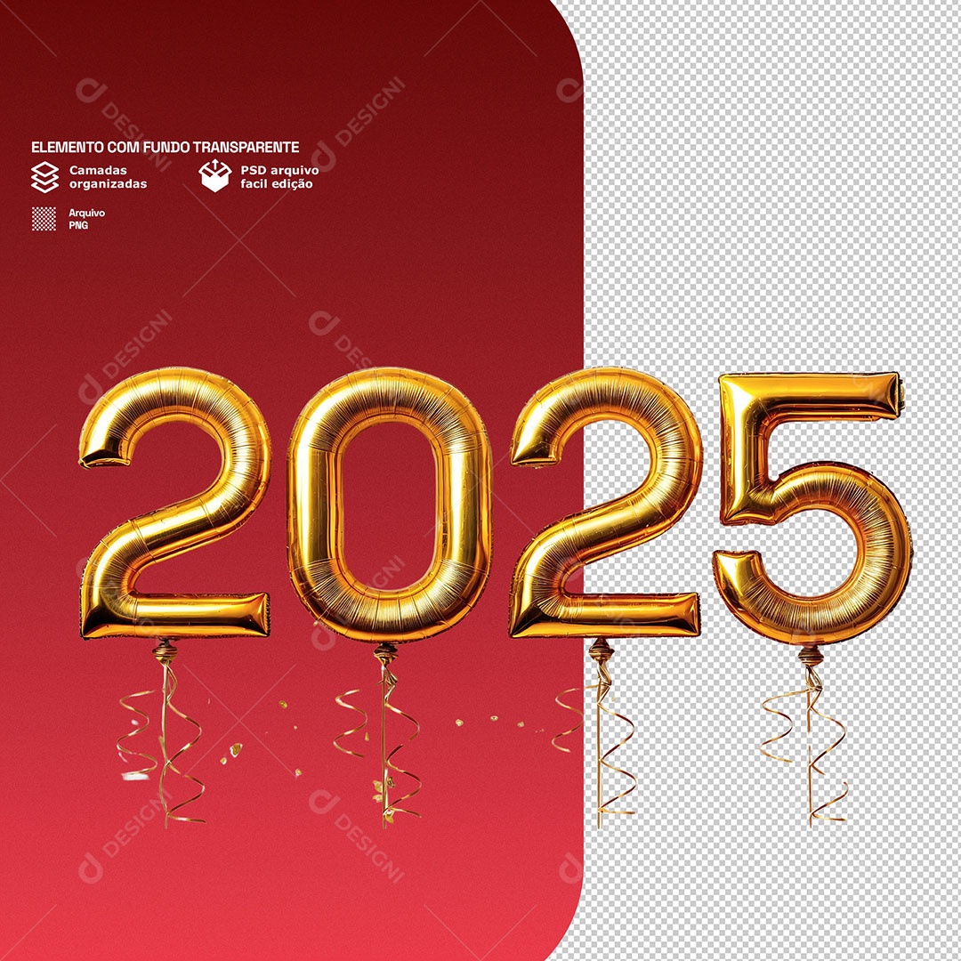 Balões Número 2025 Dourado Elemento 3D para Composição PSD