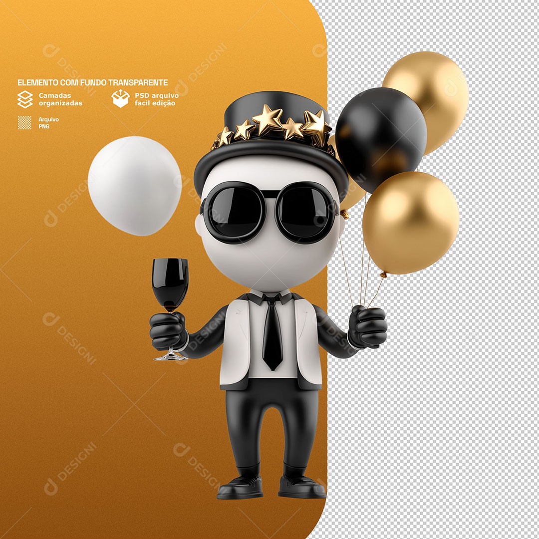 Personagem Comemorando Ano Novo 3D Para Composição PSD