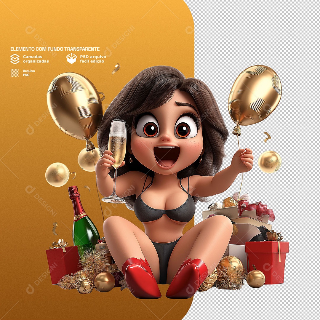 Personagem Feliz Comemorando Ano Novo 3D Para Composição PSD