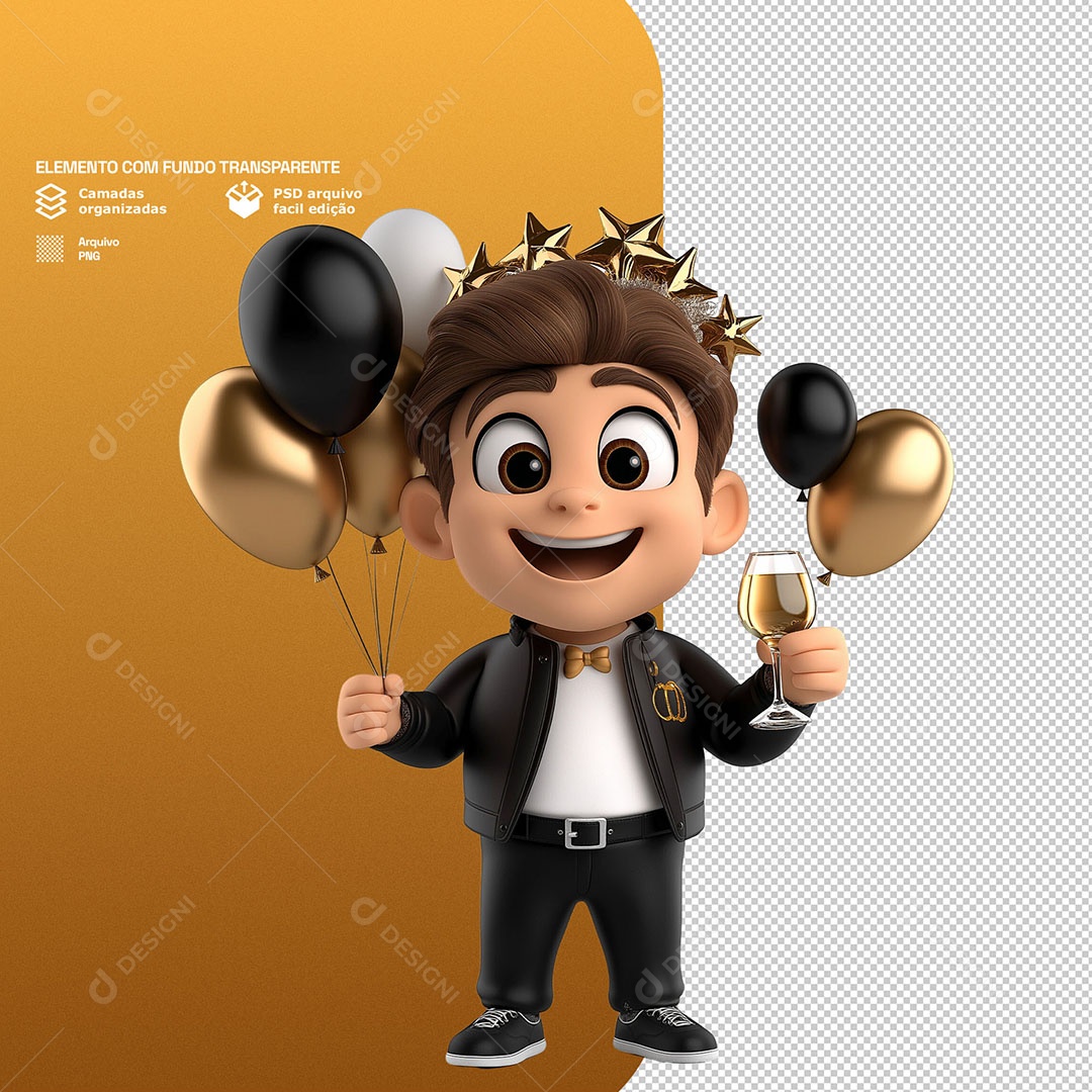 Personagem Feliz Comemorando Ano Novo 3D Para Composição PSD