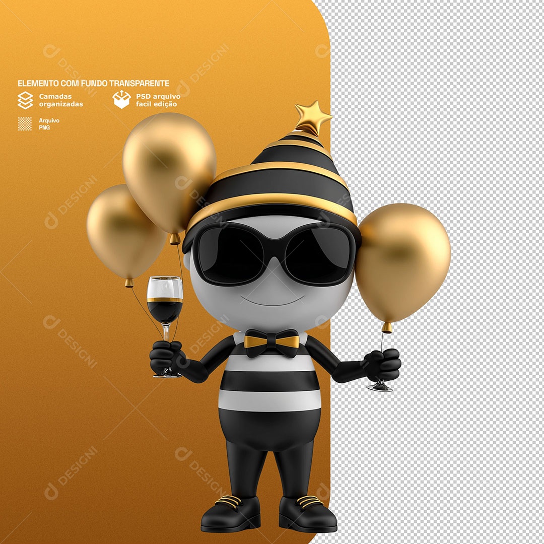 Personagem Feliz Comemorando Ano Novo 3D Para Composição PSD