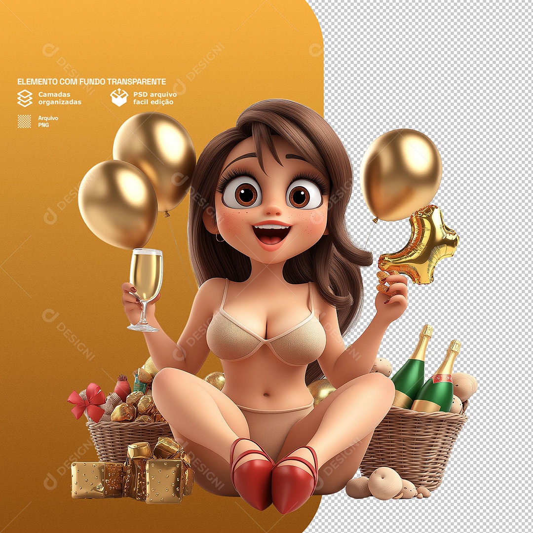 Personagem Feliz Comemorando Ano Novo 3D Para Composição PSD