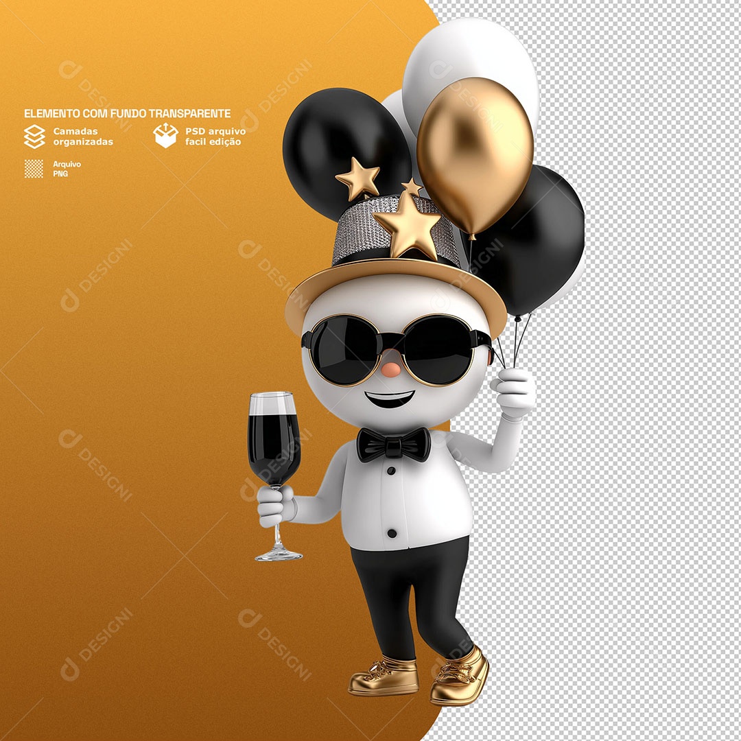 Personagem Feliz Comemorando Ano Novo 3D Para Composição PSD