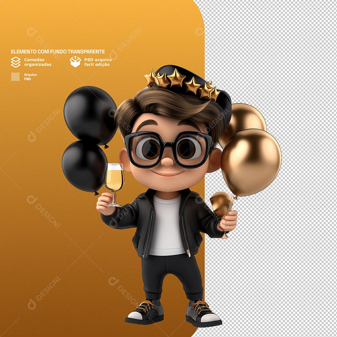 Personagem Feliz Comemorando Ano Novo 3D Para Composição PSD