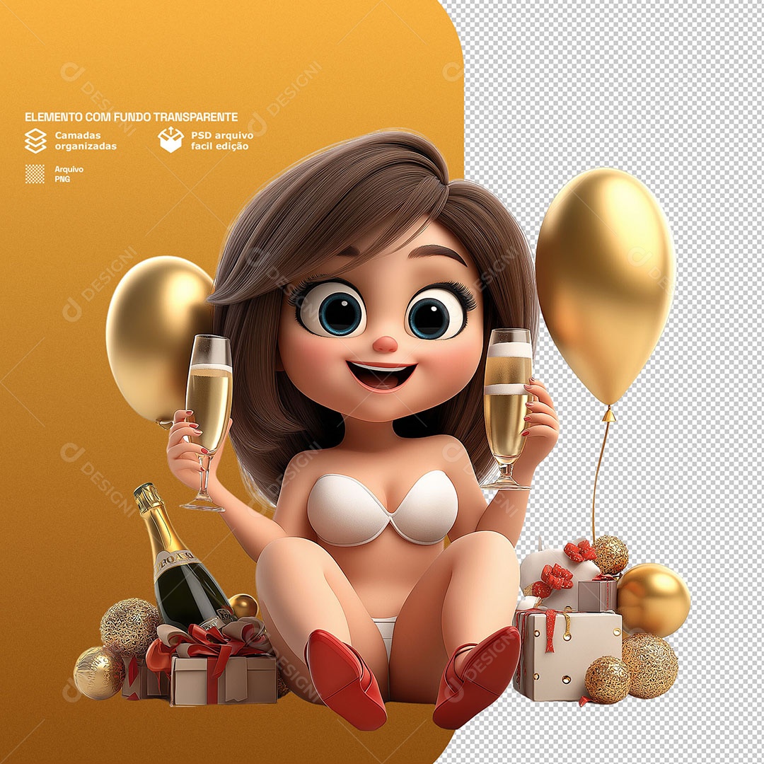 Personagem Feliz Comemorando Ano Novo 3D Para Composição PSD