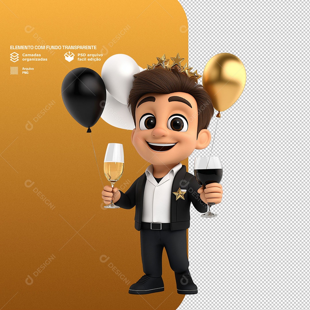 Personagem Feliz Comemorando Ano Novo 3D Para Composição PSD