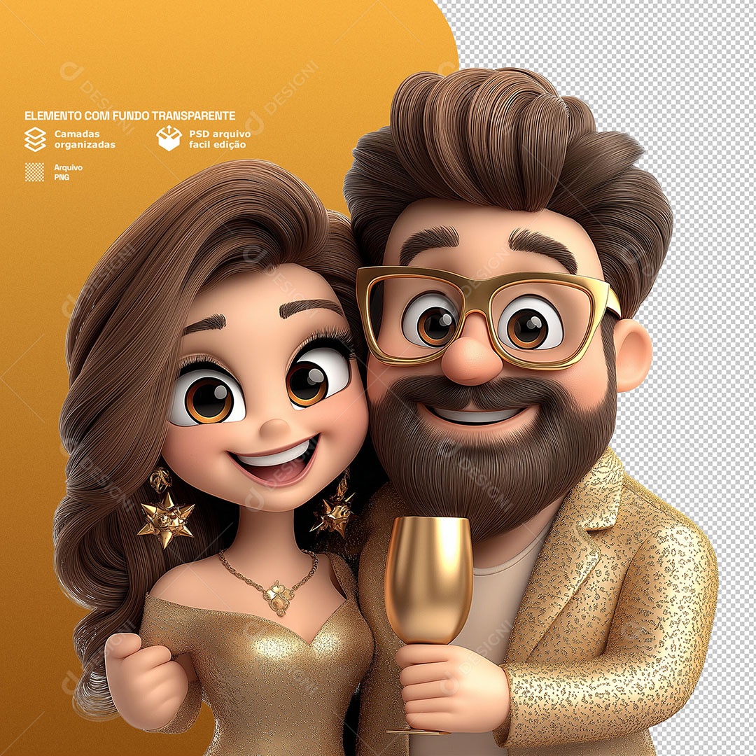 Personagens Casal Comemorando Ano Novo 3D Para Composição PSD