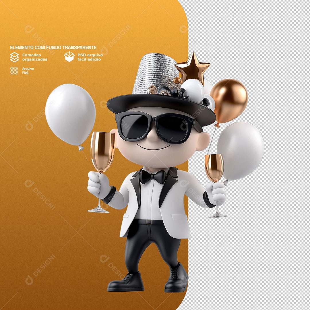 Personagem Feliz Comemorando Ano Novo 3D Para Composição PSD