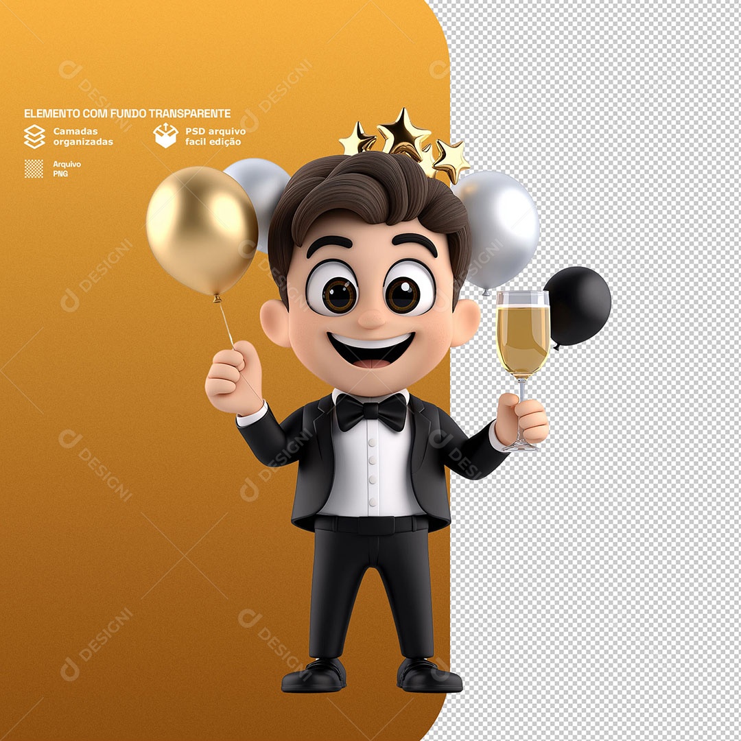 Personagem Feliz Comemorando Ano Novo 3D Para Composição PSD