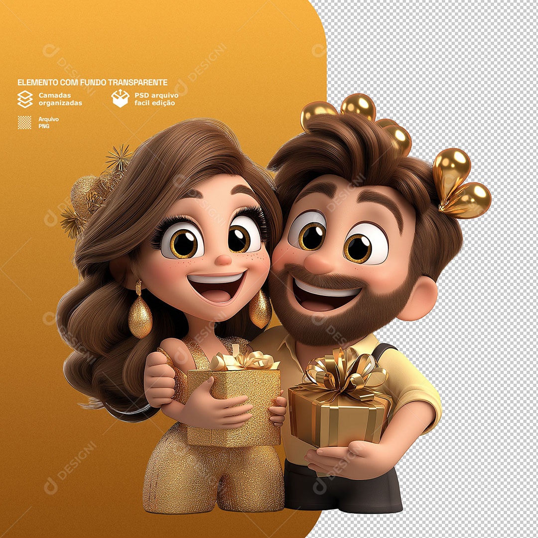 Personagens Casal Comemorando Ano Novo Segurando Presente 3D Para Composição PSD
