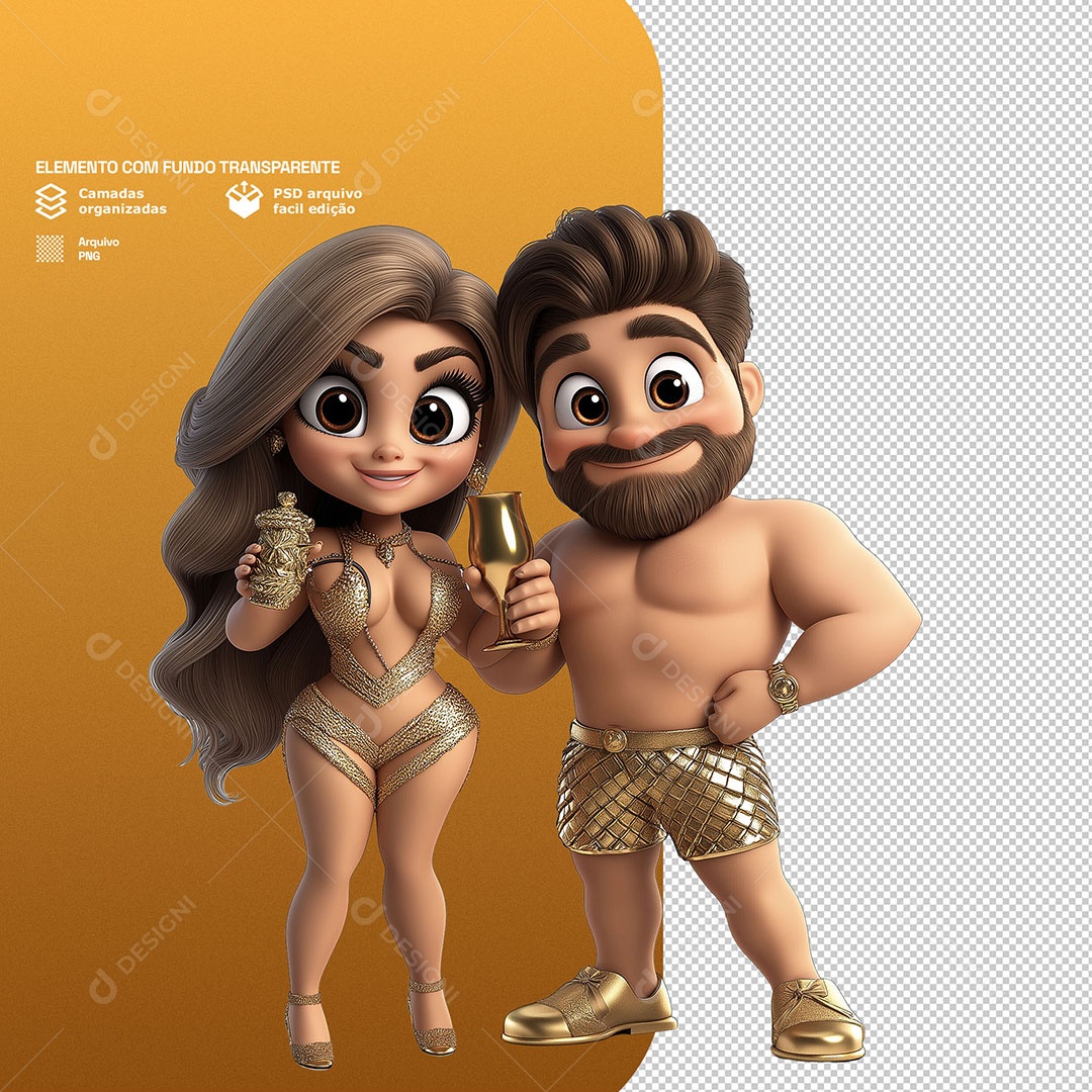 Personagens Casal Comemorando Ano Novo 3D Para Composição PSD
