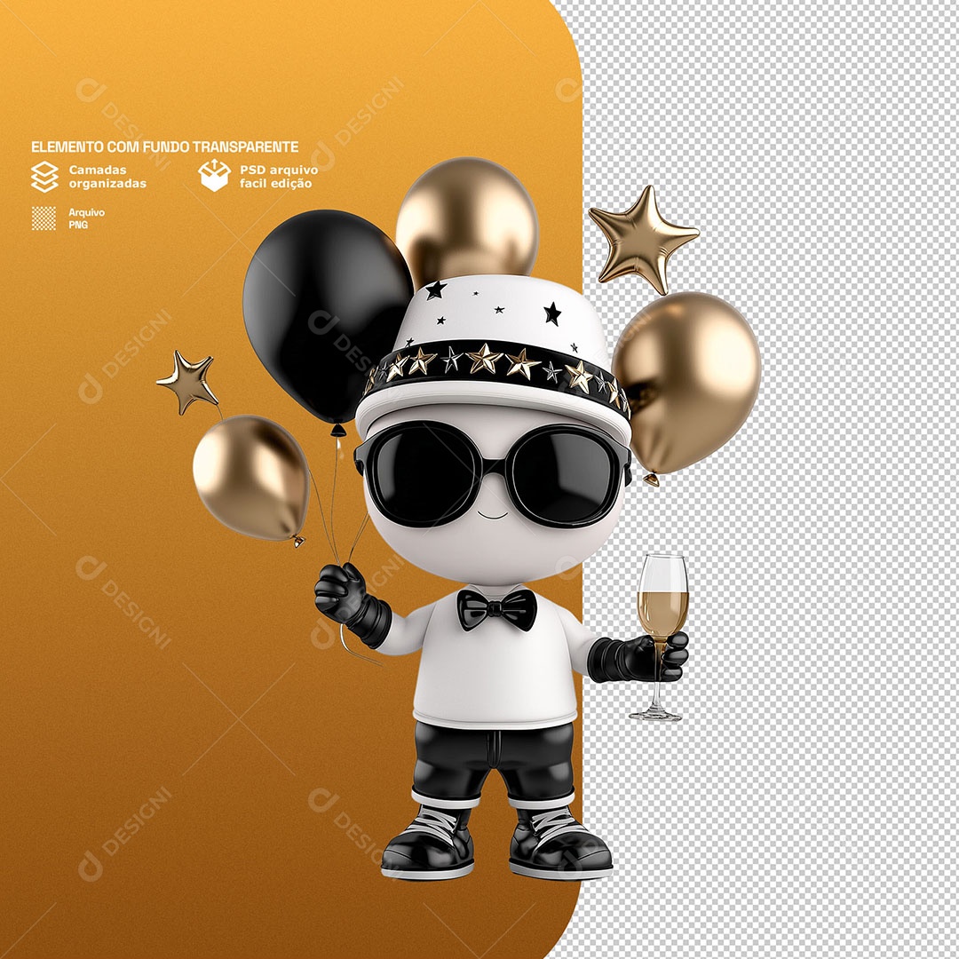 Personagem Feliz Comemorando Ano Novo Feliz 3D Para Composição PSD