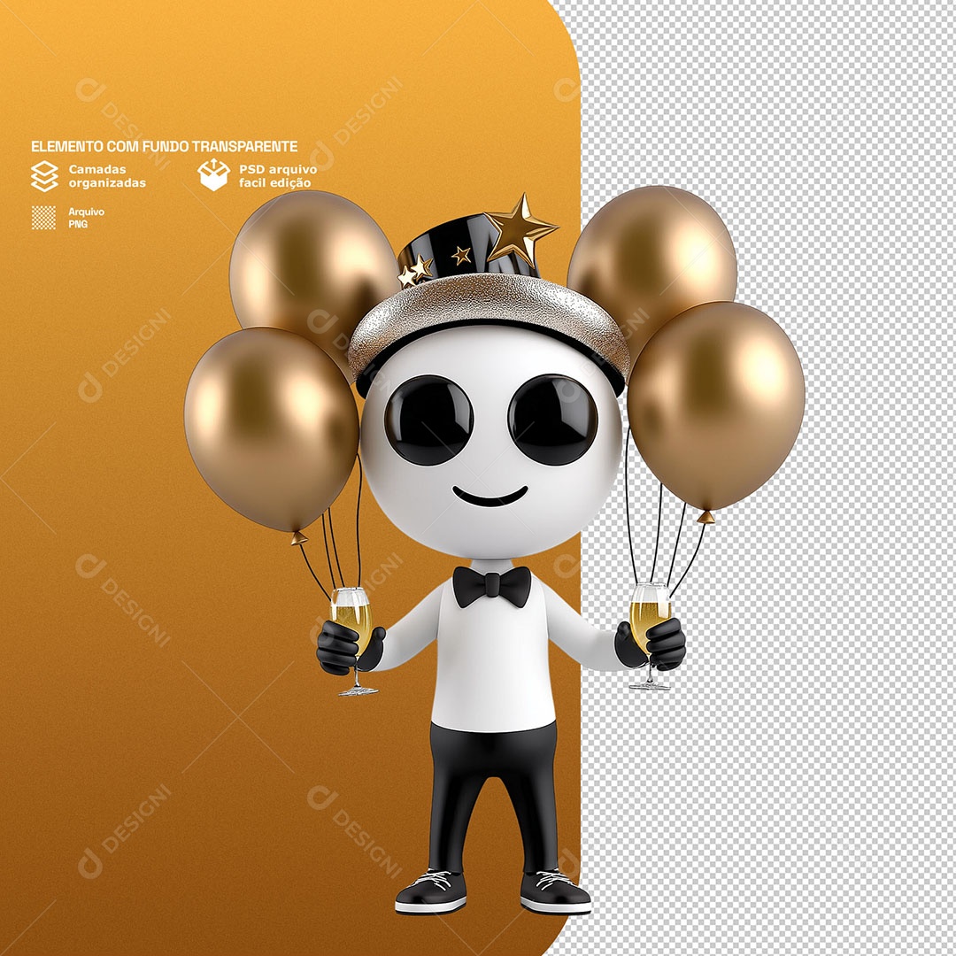 Personagem Feliz Comemorando Ano Novo 3D Para Composição PSD