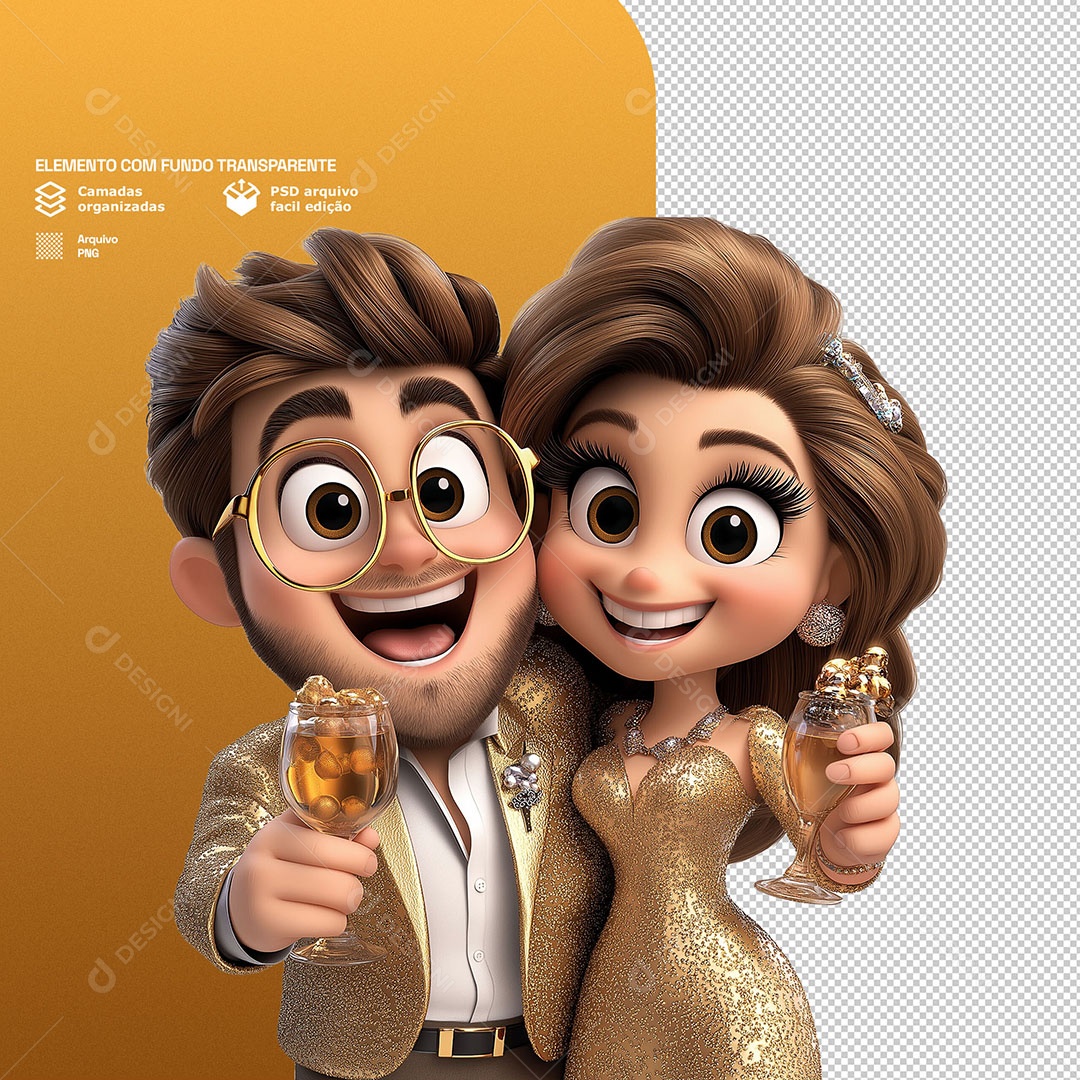 Personagens Casal Felizes Comemorando Ano Novo 3D Para Composição PSD