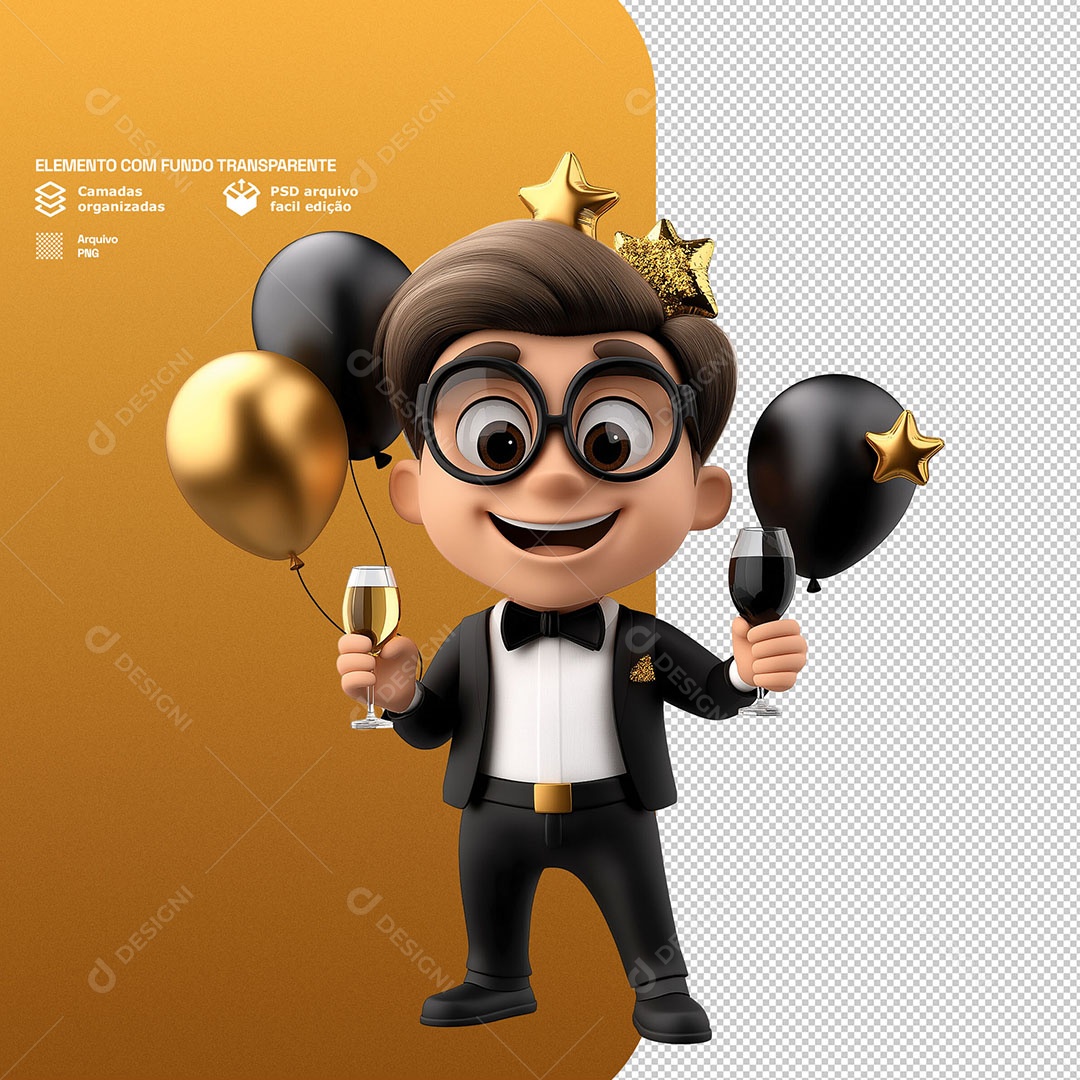Personagem Comemorando Ano Novo 3D Para Composição PSD
