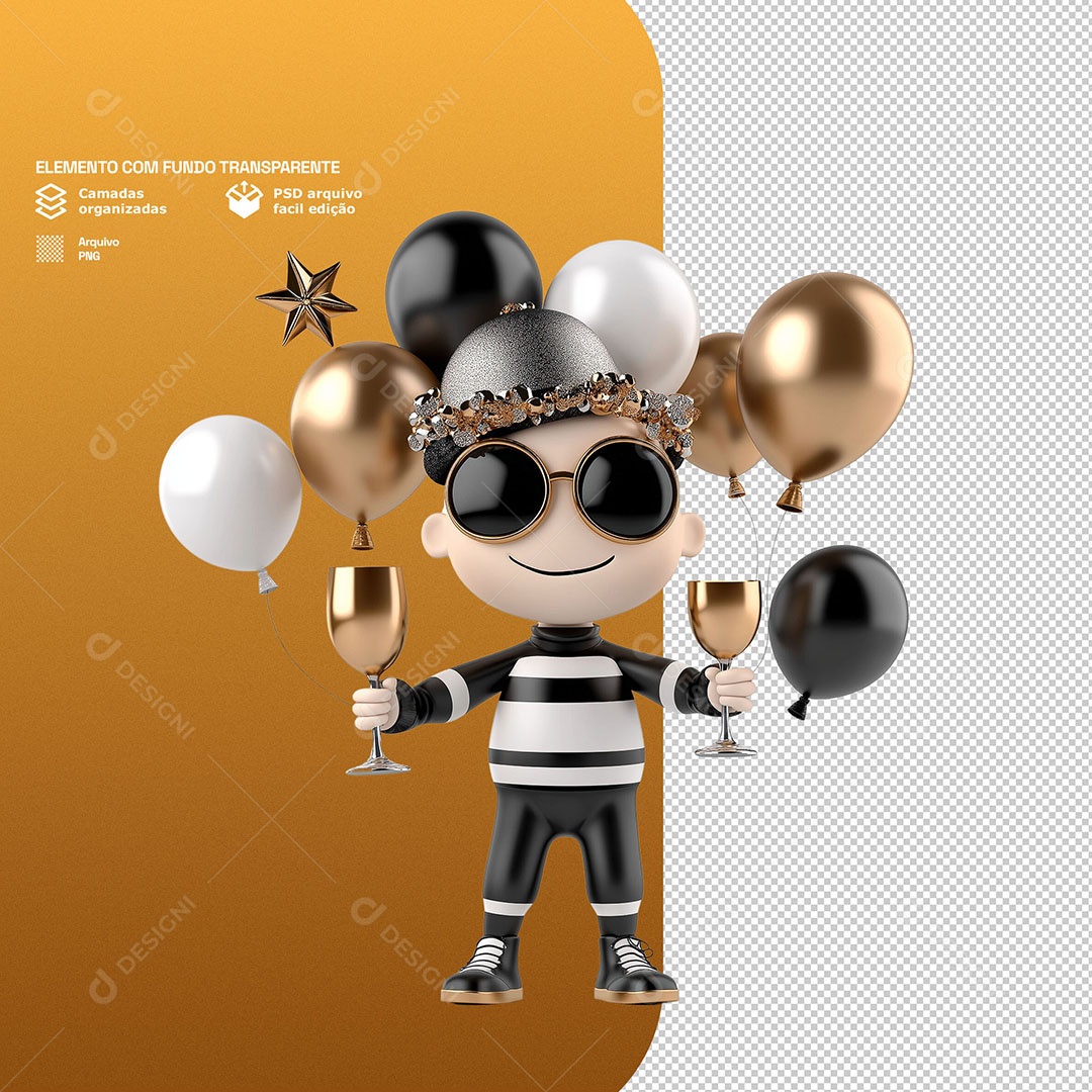 Personagem Comemorando Ano Novo 3D Para Composição PSD