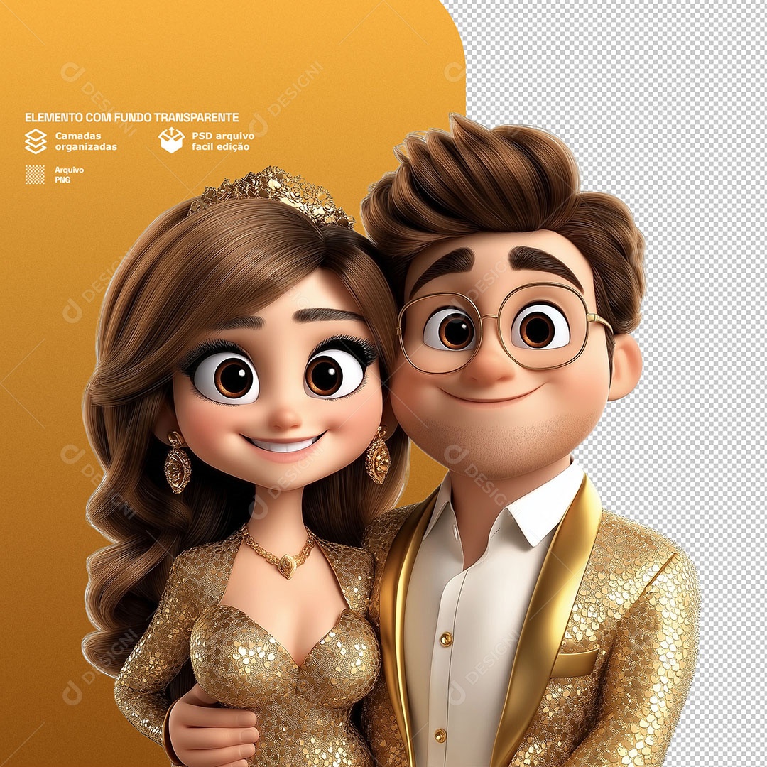 Personagens Casal Felizes Com Balões Ano Novo 3D Para Composição PSD