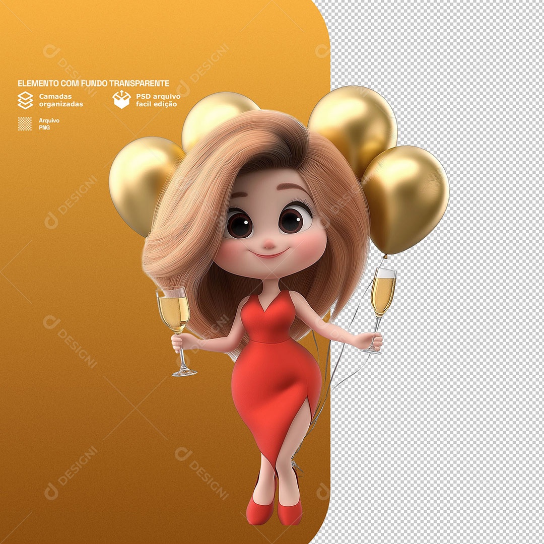 Personagem Mulher Feliz Comemorando Ano Novo 3D Para Composição PSD