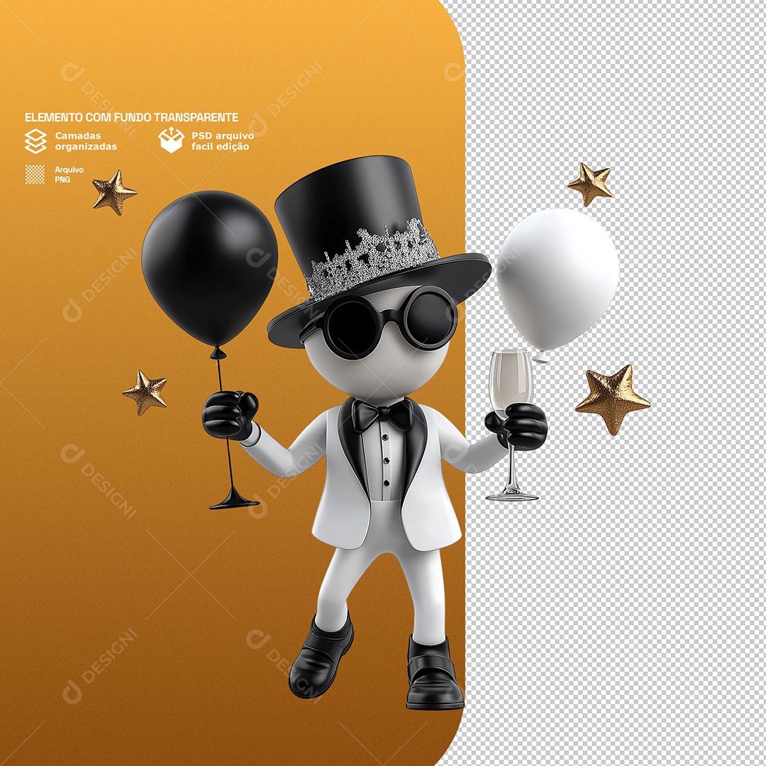 Personagem Comemorando Ano Novo 3D Para Composição PSD