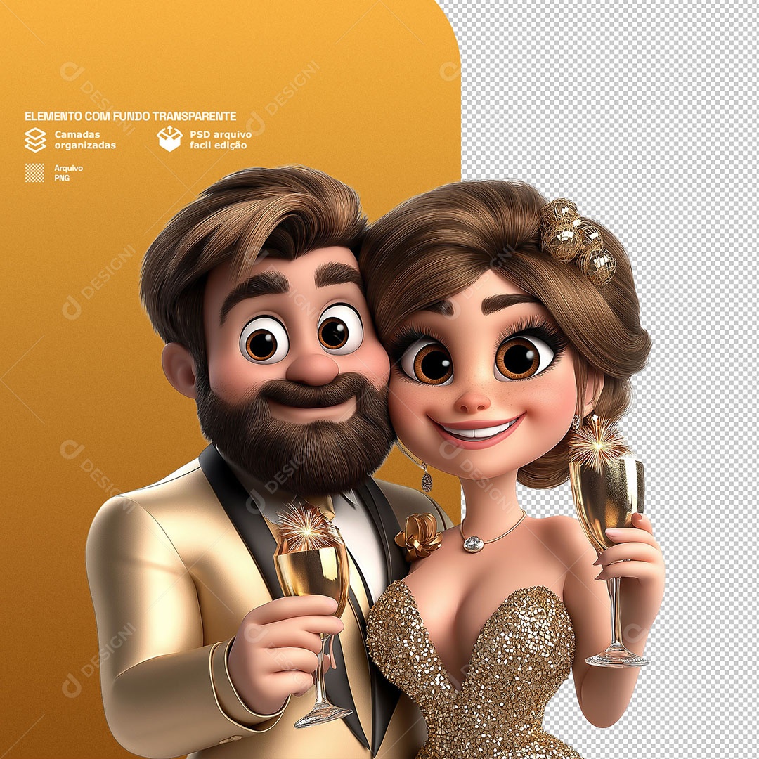 Personagens Casal Feliz Sorridente Comemorando Ano Novo 3D Para Composição PSD