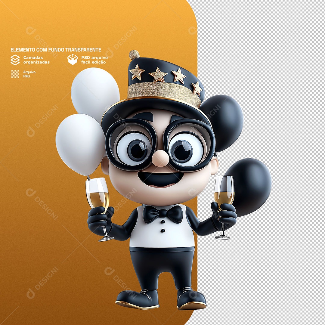 Personagem Comemorando Ano Novo 3D Para Composição PSD