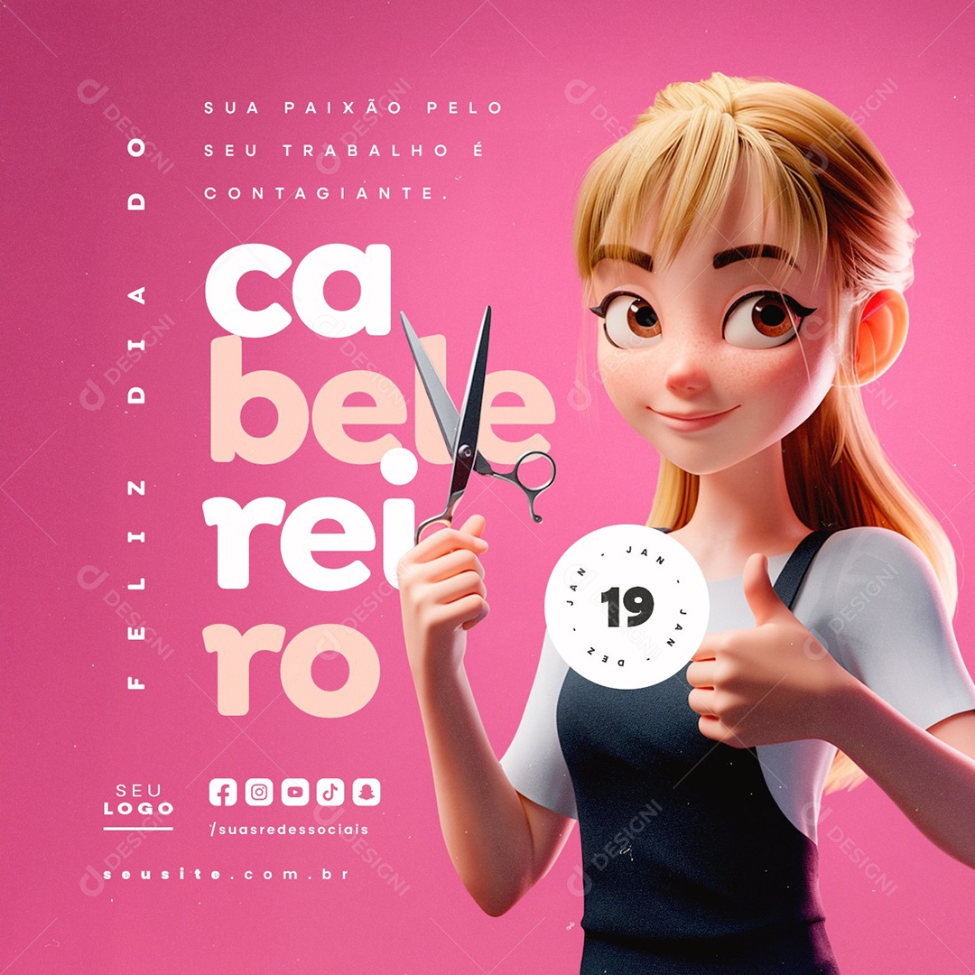 Feliz Dia do Cabelereiro 19 de Janeiro Social Media PSD Editável