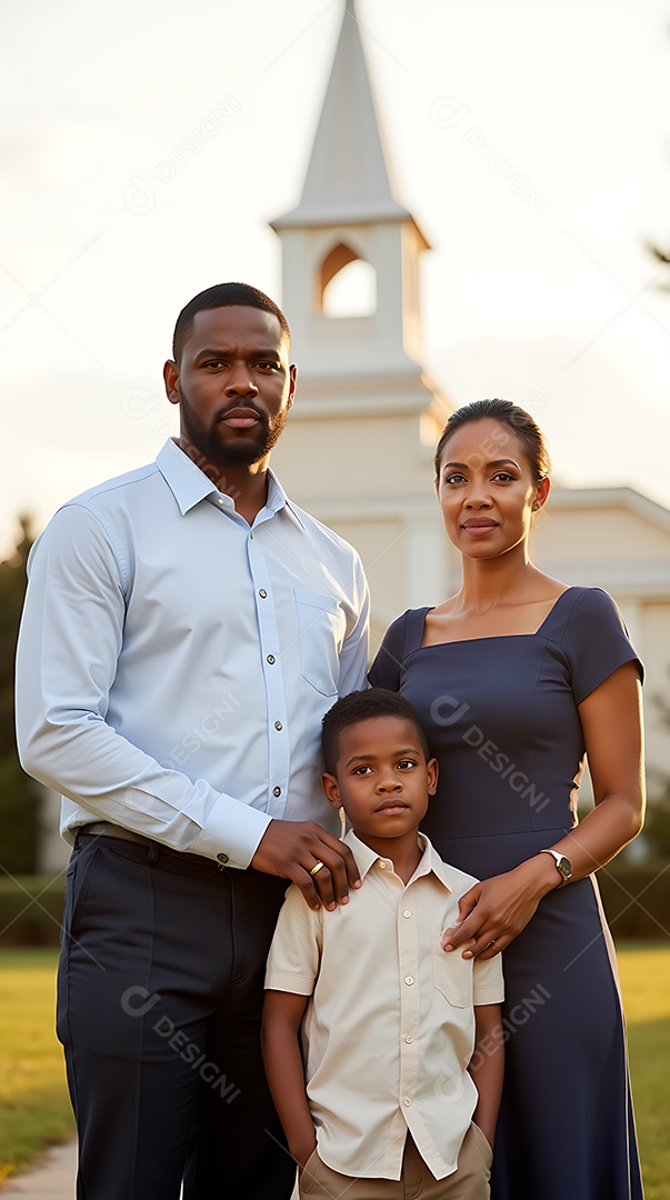 Uma fotografia realista de uma família cristã em pé junto ao ar livre com uma igreja ao fundo