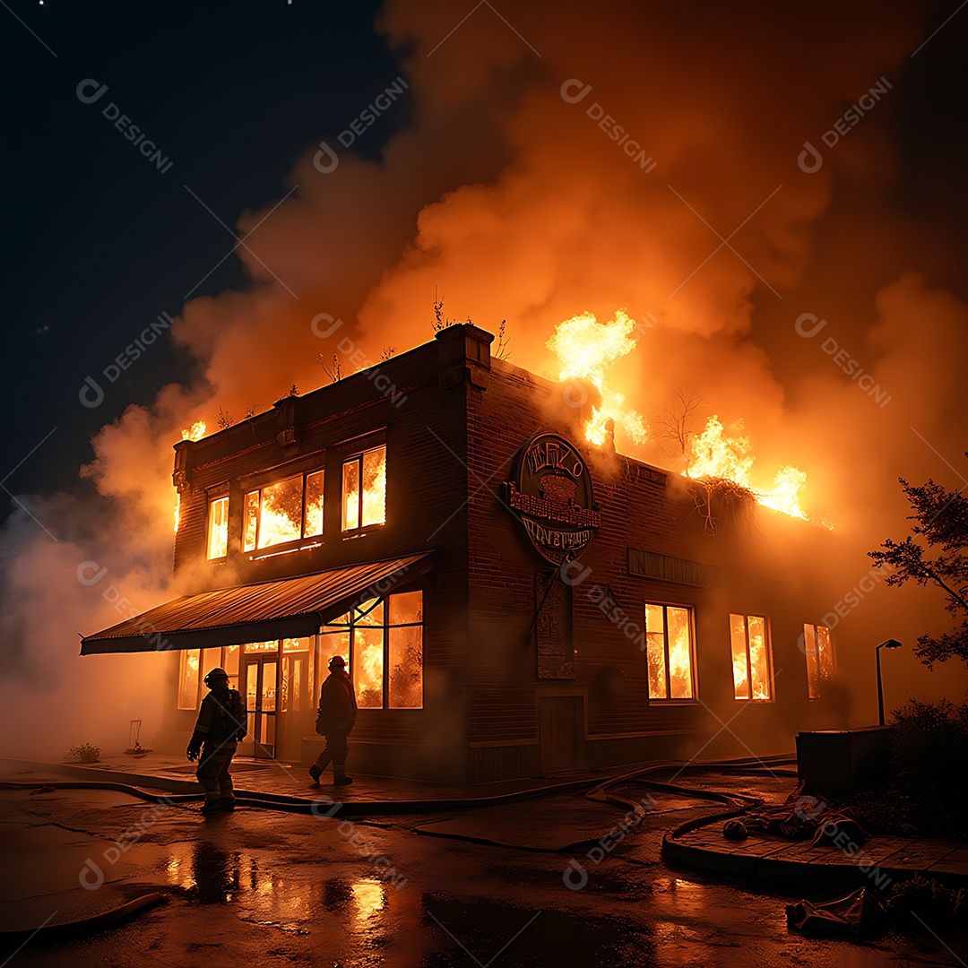 Imagem de um restaurante pego por um grande incêndio à noite o prédio é feito de tijolos com madeira