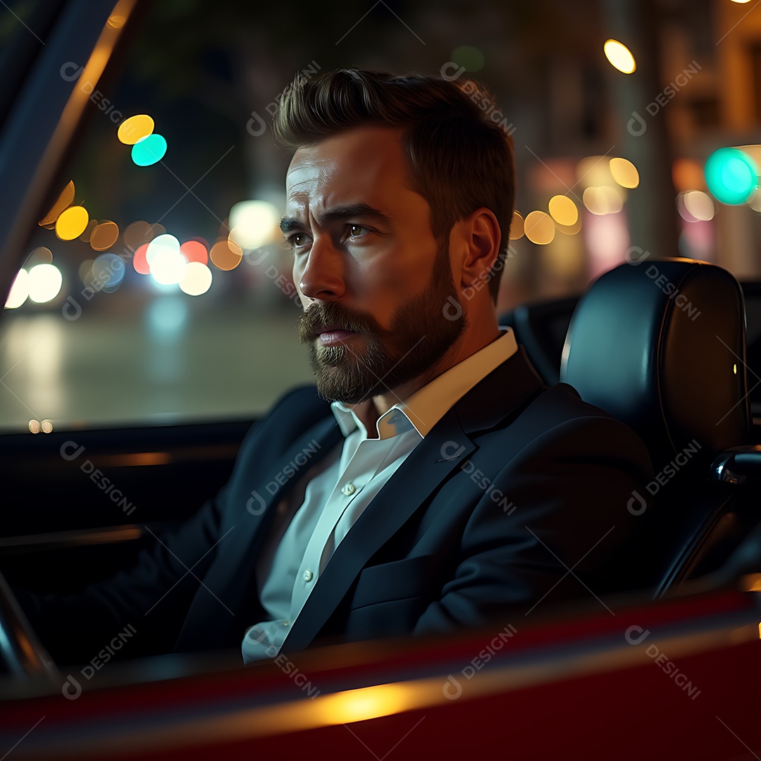 Belo homem bem vestido em um carro sobre uma rua urbana