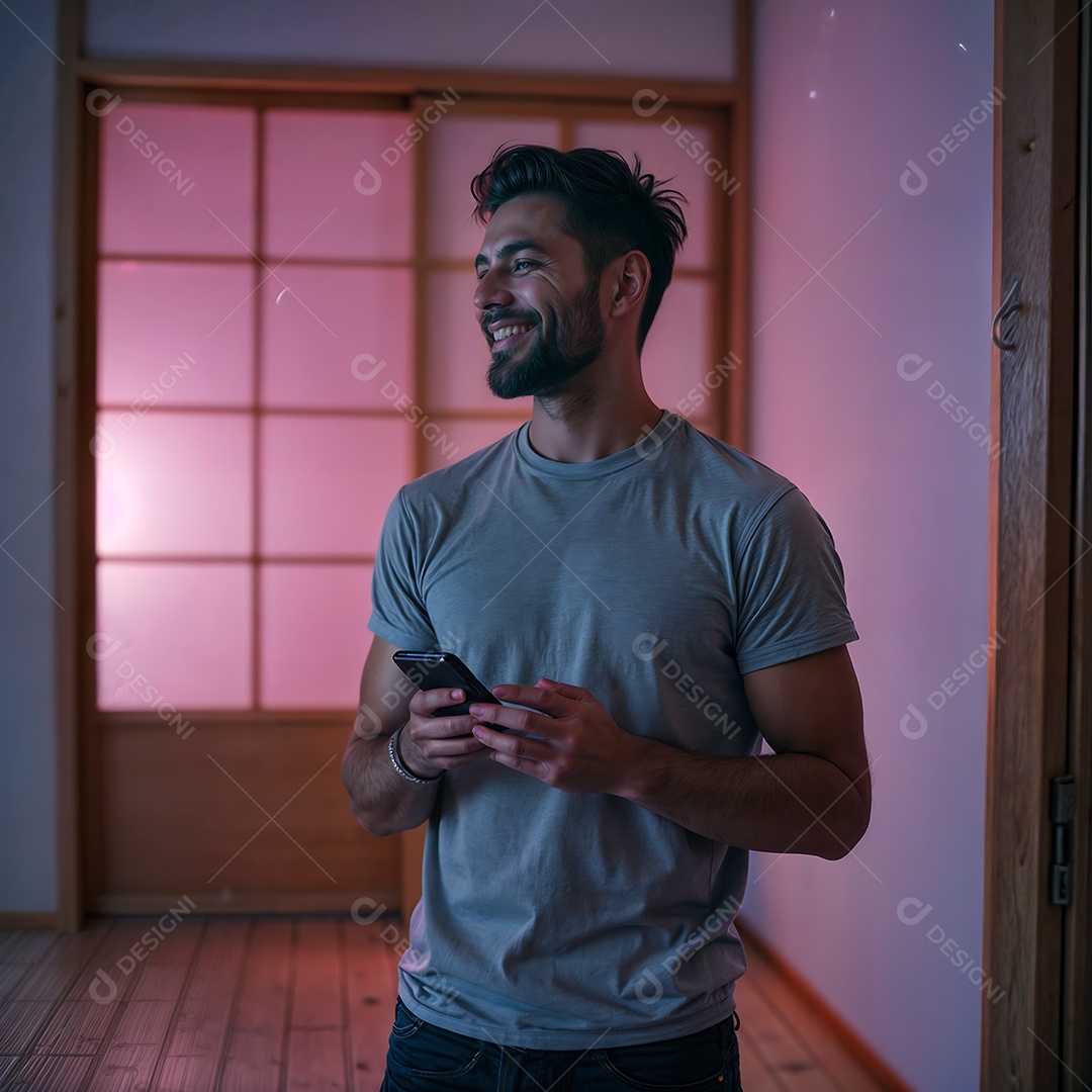 Belo homem sorridente em pé segurando smartphone sobre fundo desfocado