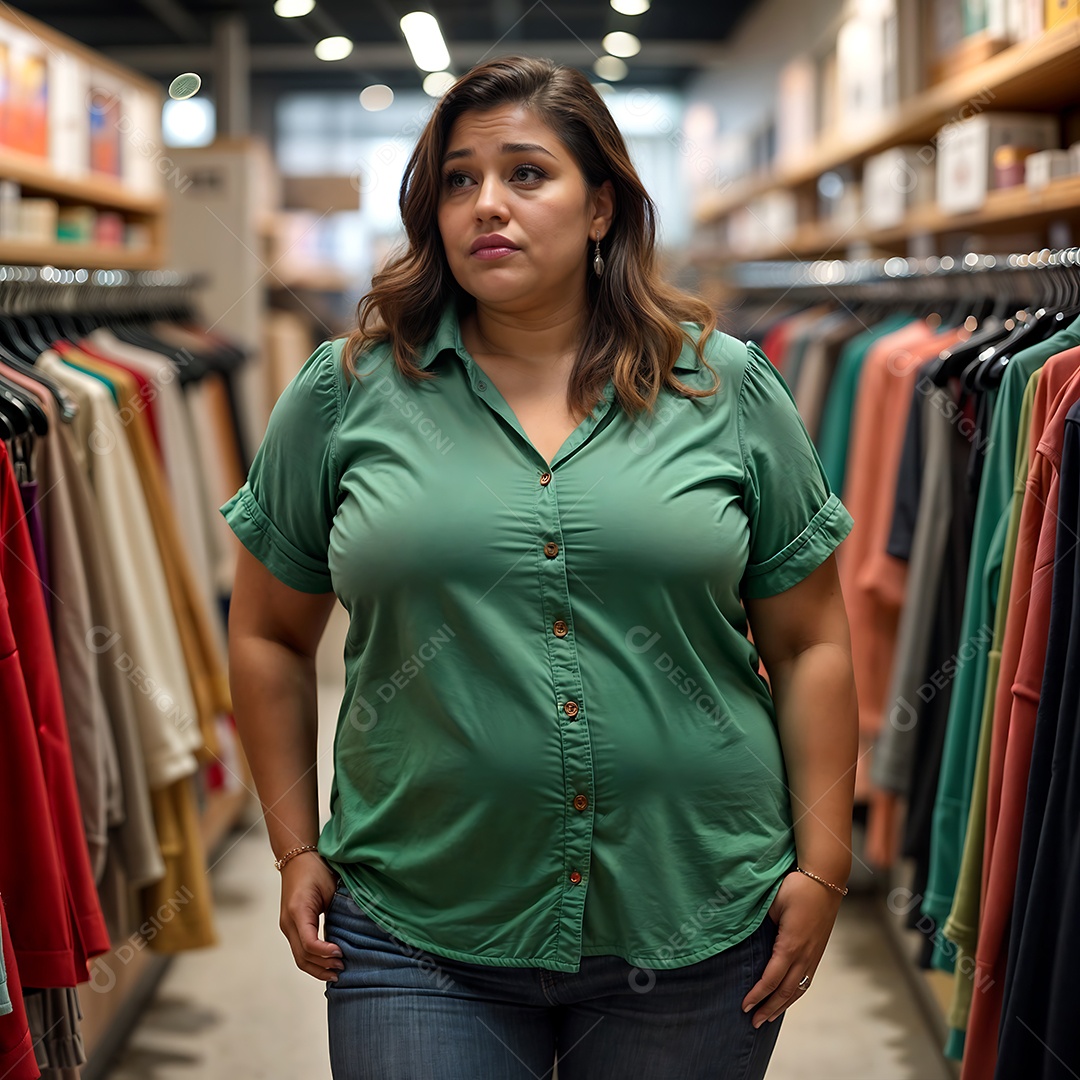 Linda mulher fazendo pose sobre uma loja de roupas