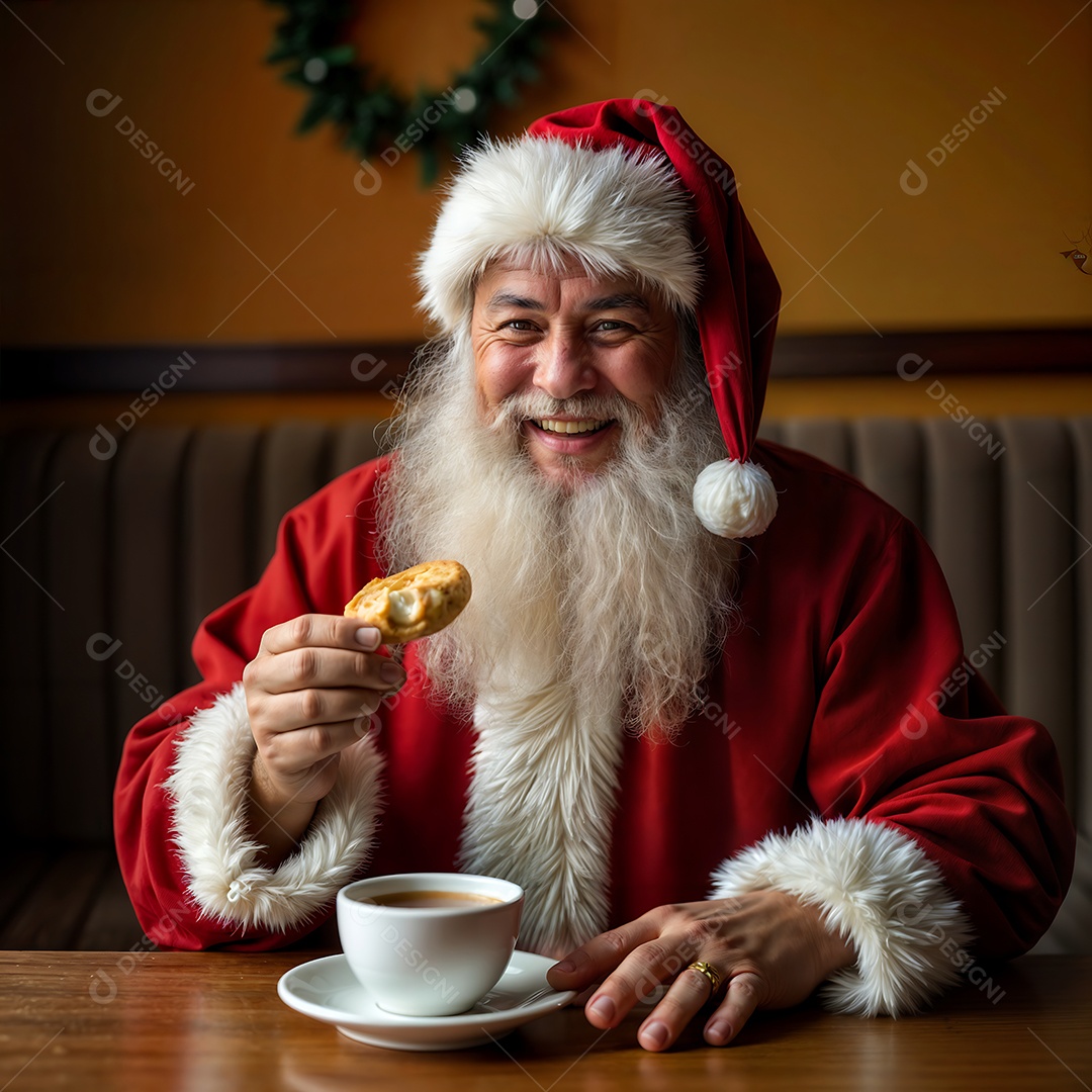 Belo papai noel sentado em uma mesa de lanchonete aconchegante segurando bolinho acompanhado de uma xícara de café sobre fundo desfocado