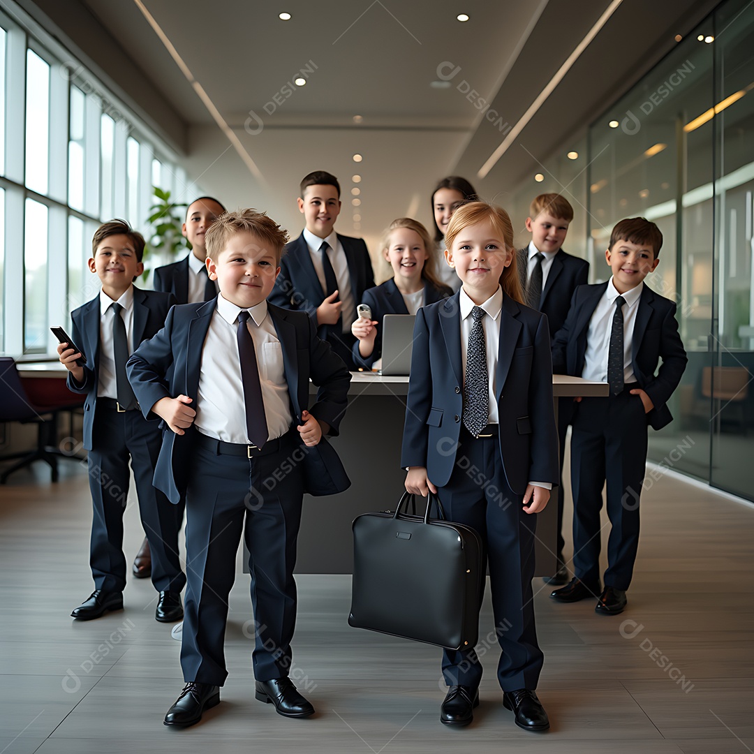 Cena charmosa e bem humorada de crianças vestidas como adultos em um ambiente profissional corporativo