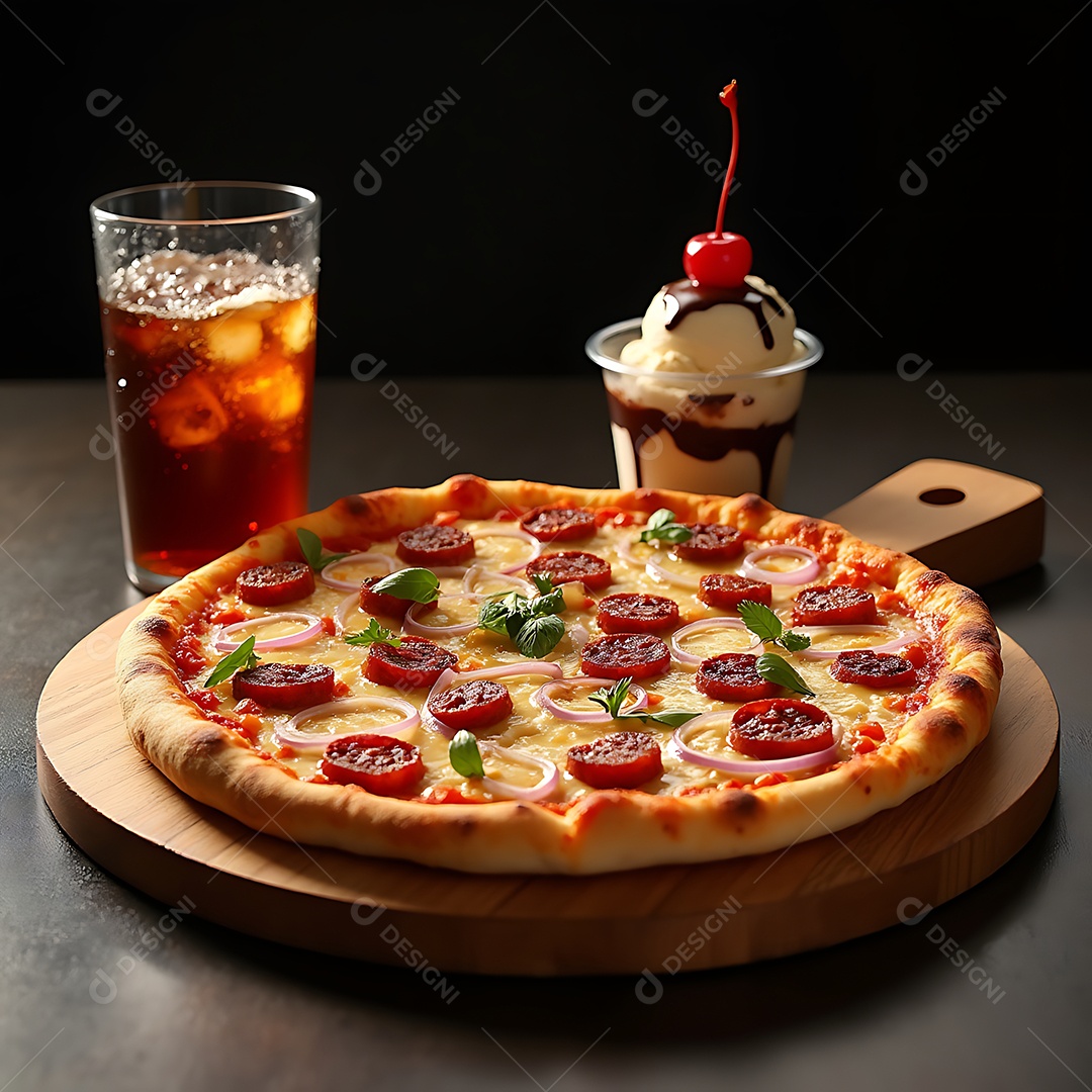 Linda pizza de calabresa em tábua acompanhada  com sorvete e refrigerante sobre mesa de madeira