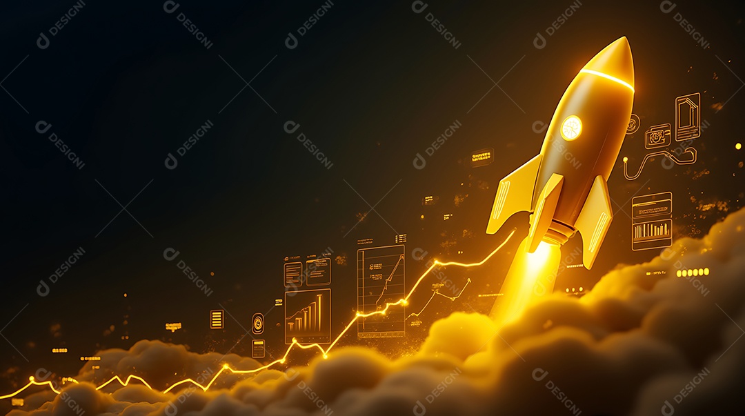 Foguete amarelo futurista simbolizando tráfego pago e crescimento de negócios